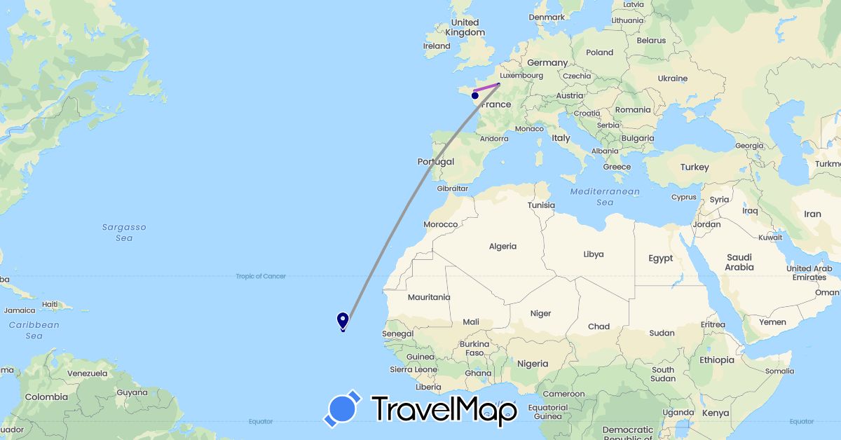 TravelMap itinerary: driving, plane, train in Cape Verde, France, Portugal (Africa, Europe)